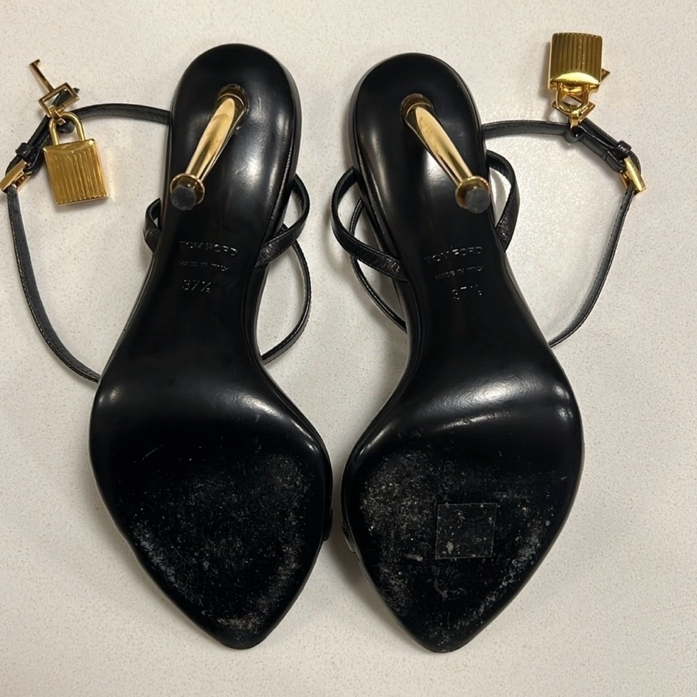 Tom Ford Black Leather Ankle-Strap Stiletto Sandals with Gold Heel - Picture 4 of 11